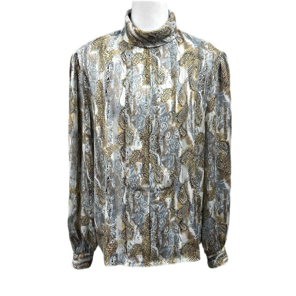 Vintage Nicola Paisley Pleated High Neck Long Sleeve Sheer Blouse Sz 14